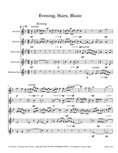 Evening Stars Music by Taneyev for Saxophone Quintet in Schools (arr. Joseph Judge)
