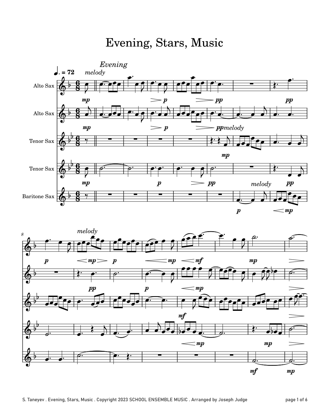 Evening Stars Music by Taneyev for Saxophone Quintet in Schools (arr. Joseph Judge)