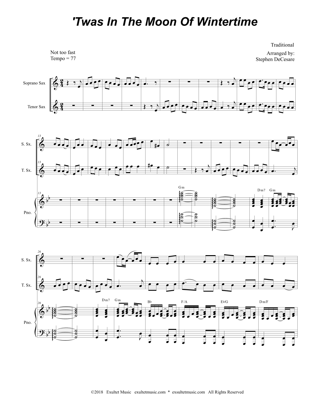 'Twas In The Moon Of Wintertime (Duet for Soprano and Tenor Saxophone) (arr. Stephen DeCesare)