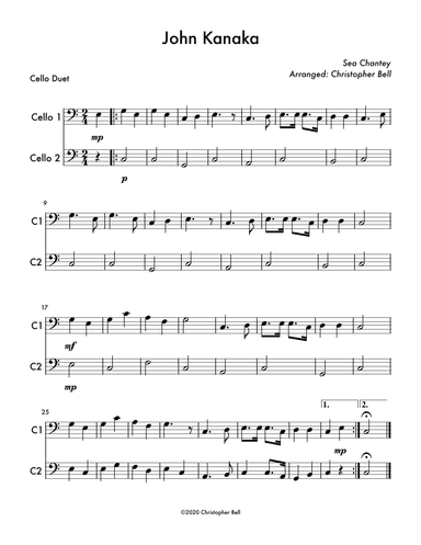John Kanaka (Easy Cello Duet) (arr. Christopher Bell)