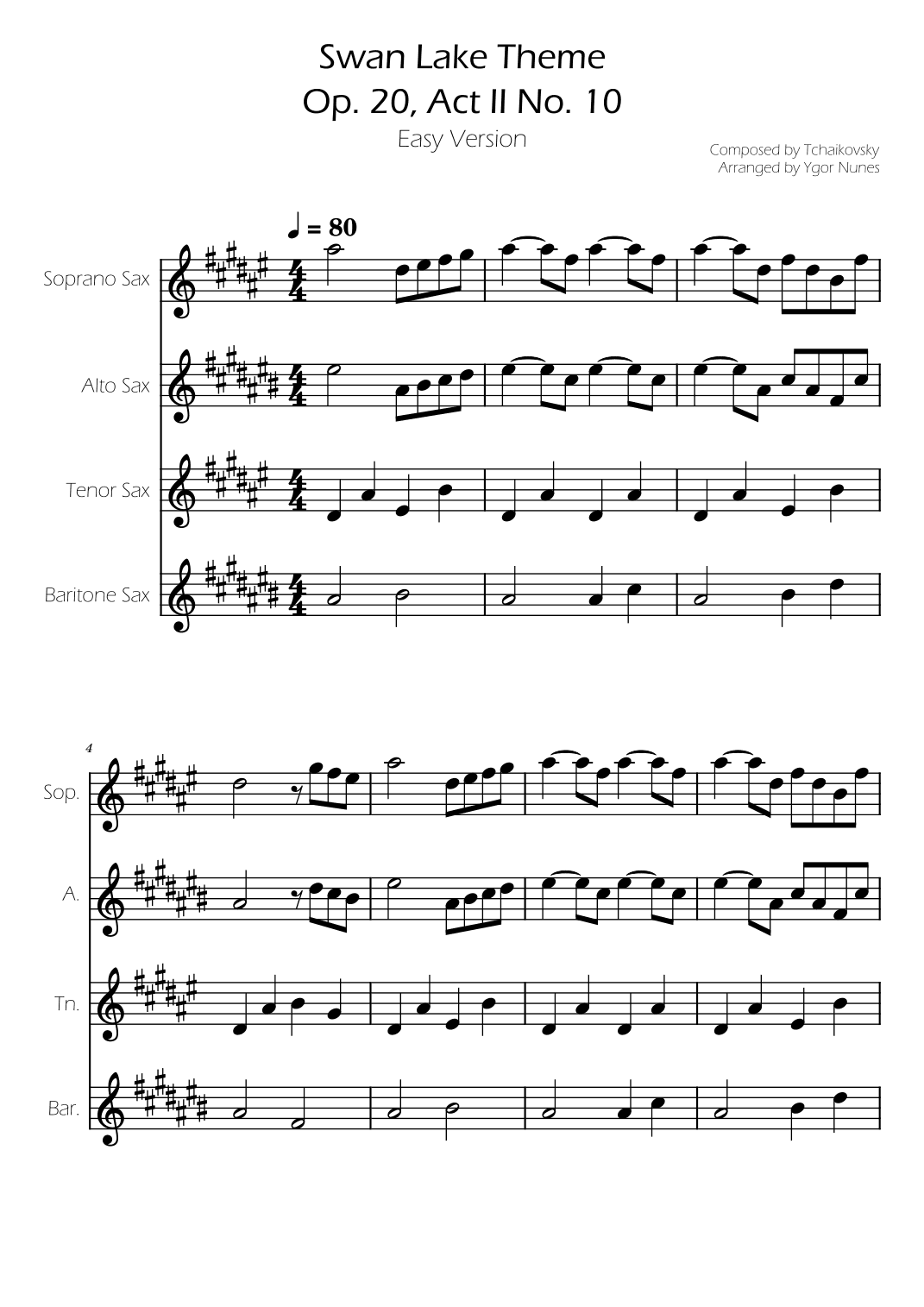 Swan Lake (theme) - Tchaikovsky - Sax Quartet (arr. Ygor Nunes)