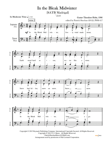 In the Bleak Midwinter [SATB madrigal] (arr. Patrick Sheehan)