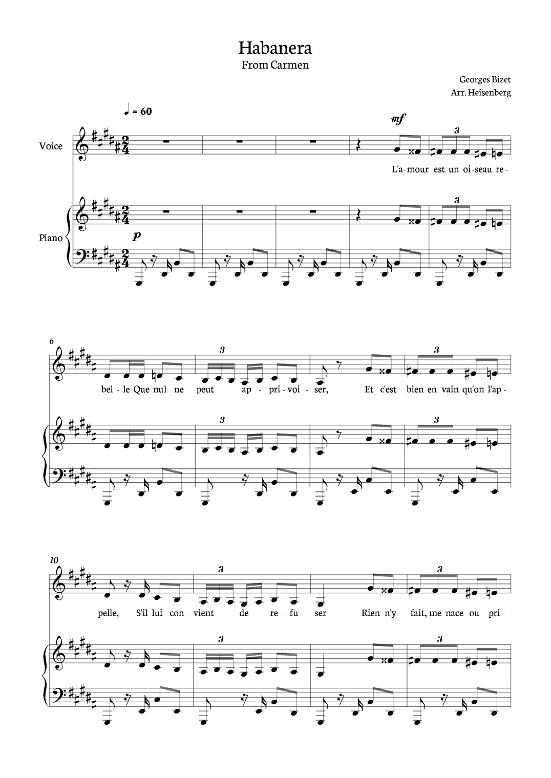 Habanera - Carmen for piano and voice in G# minor. (arr. Heisenberg)