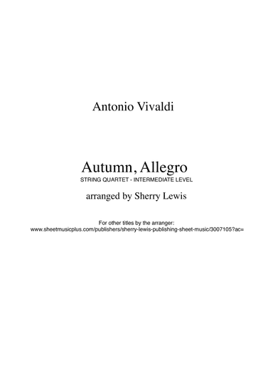 AUTUMN, Allegro by Vivaldi String Quartet, Intermediate Level for 2 violins, viola and cello (arr. Sherry Lewis Publishing)
