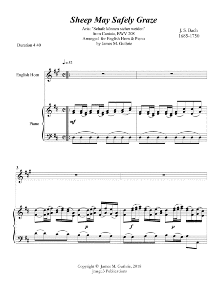 Bach: Sheep May Safely Graze for English Horn & Piano (arr. James M. Guthrie, ASCAP)