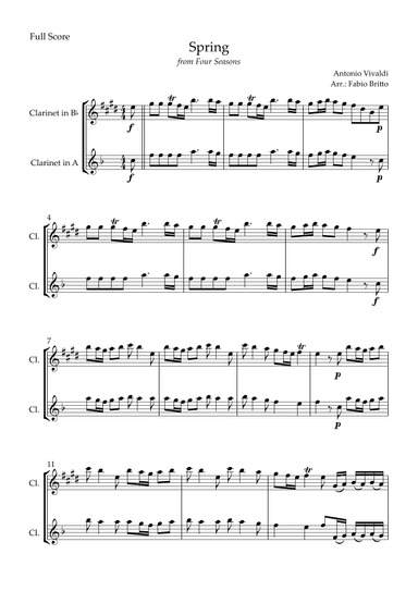 Spring (from Four Seasons of Antonio Vivaldi) for Clarinet in Bb & Clarinet in A Duo (arr. Fabio Britto)