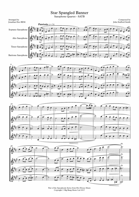 Star Spangled Banner - Saxophone Quartet SATB (arr. Jonathan Eno BEM)
