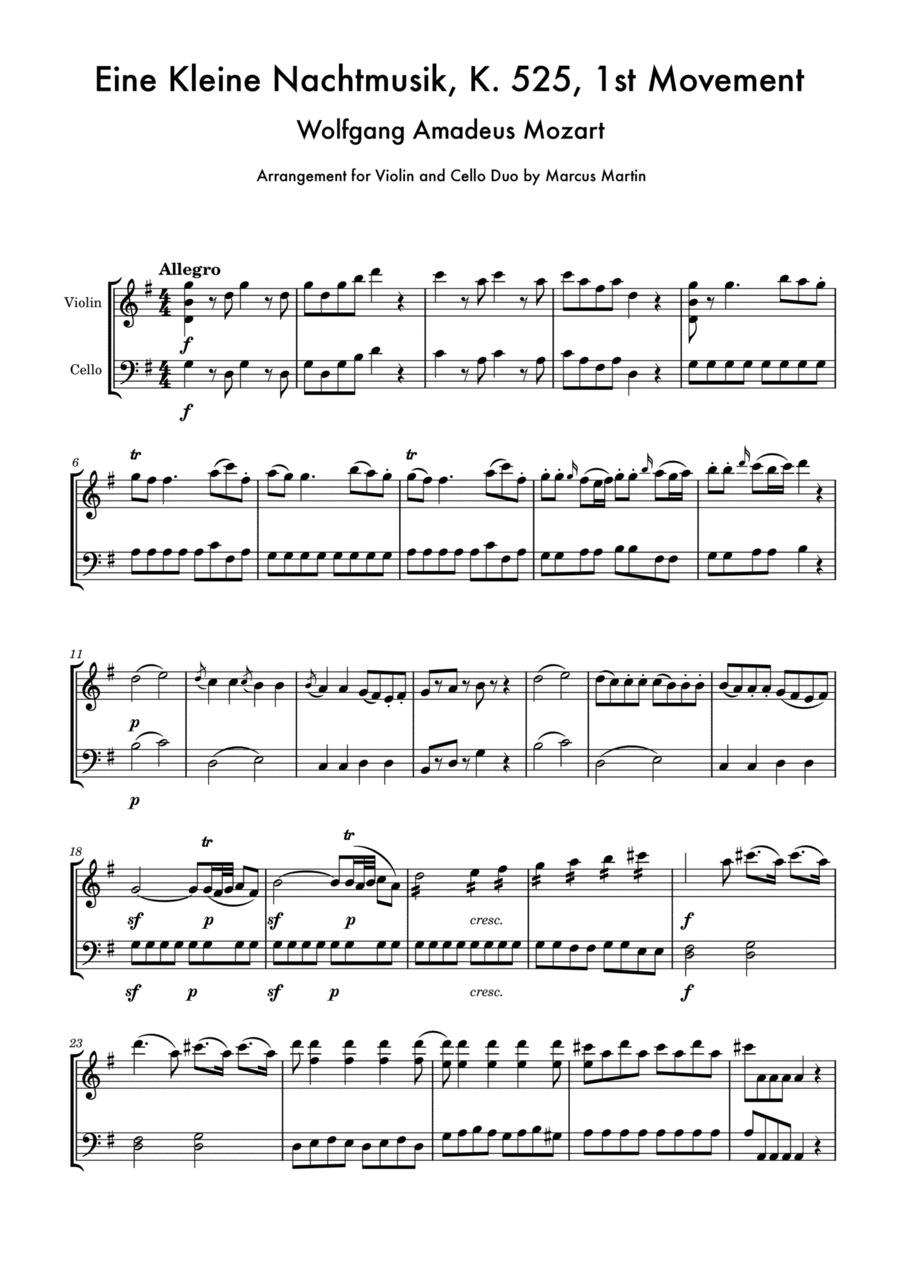 Eine Kleine Nachtmusik K575 Allegro for Violin and Cello Duo (arr. Marcus Martin)