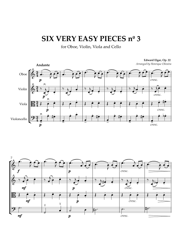 Six Very Easy Pieces nº 3 (Andante) - For Oboe, Violin, Viola and Cello (arr. Henrique Oliveira)