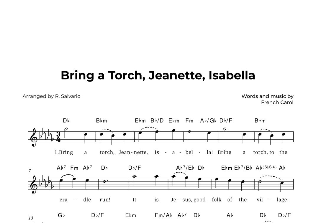 Bring a Torch, Jeanette, Isabella (Key of D-Flat Major) (arr. R. Salvario)