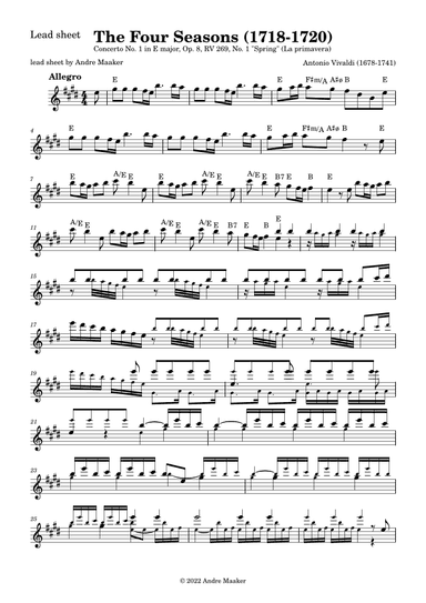 The Four Seasons - Concerto No. 1 In E Major, Op. 8, No. 1, RV 269 - "Spring" -allegro lead sheet (arr. Andre Maaker)