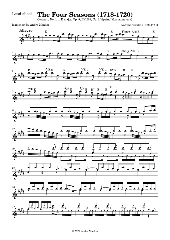 The Four Seasons - Concerto No. 1 In E Major, Op. 8, No. 1, RV 269 - "Spring" -allegro lead sheet (arr. Andre Maaker)