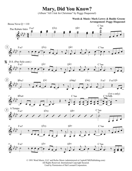 Mary, Did You Know? (arr. Peggy Duquesnel, Duquesnel Music Publishing. ASCAP)
