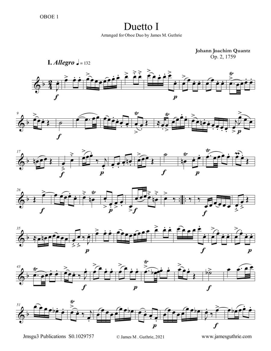 Quantz: Duetto Op. 2 No. 1 for Oboe Duo (arr. James M. Guthrie)