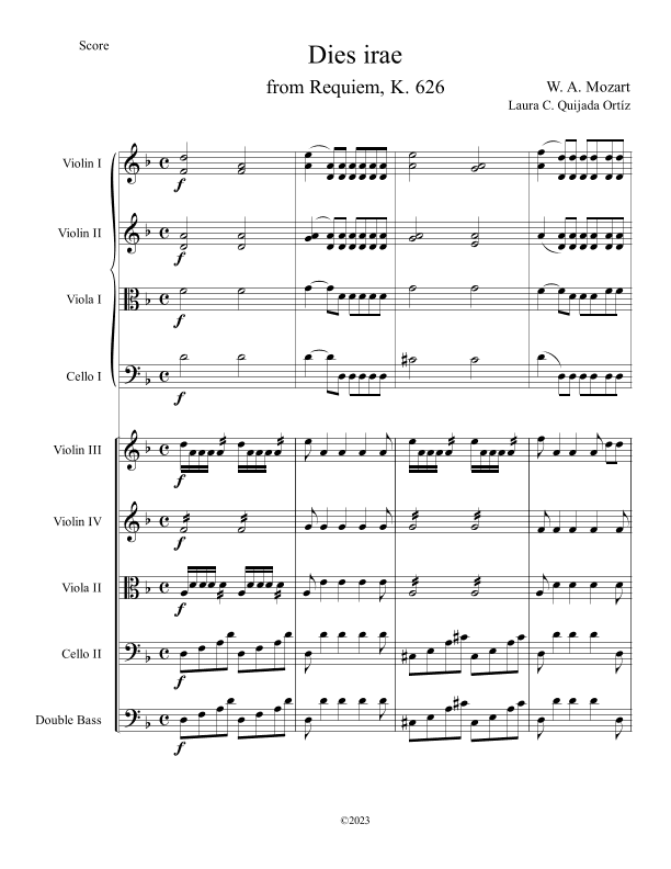 Dies irae, from W. A. Mozart's Requiem. Double string orchestra. 3 Scores & parts. (arr. Laura C. Quijada Ortíz)
