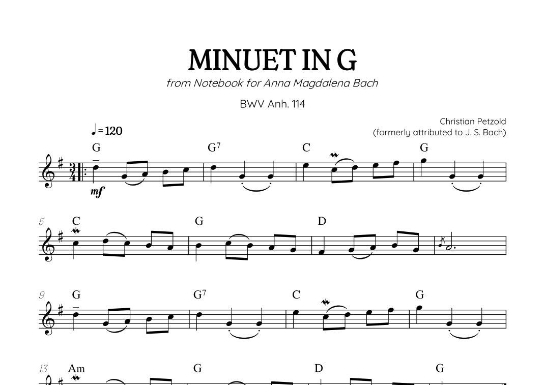 Petzold (Bach) Minuet in G • BWV Anh 114 | violin solo (with chords) (arr. Benzaiten Editions)