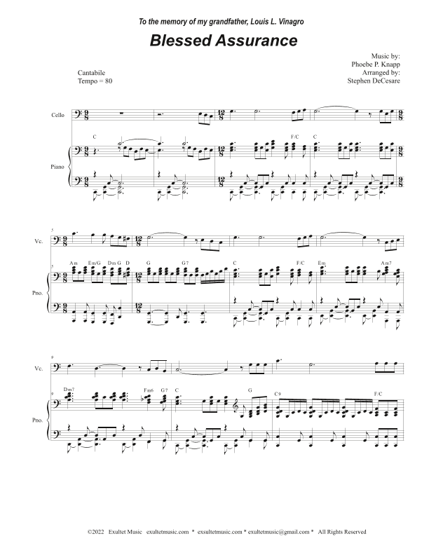 Blessed Assurance (Cello solo and Piano) (arr. Stephen DeCesare)