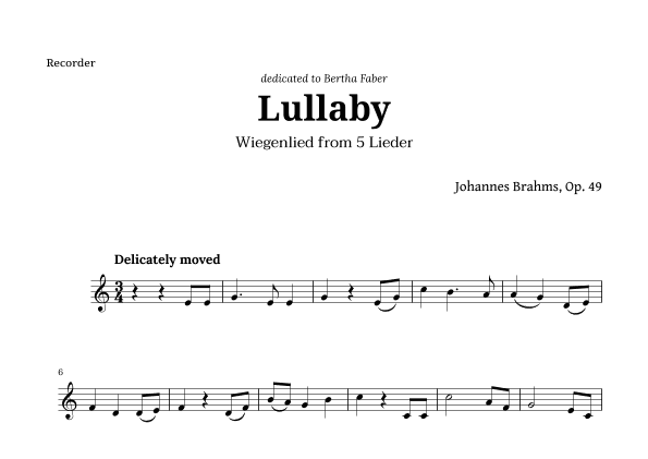 Wiegenlied (lullaby) by Brahms for Recorder (arr. Langanho)