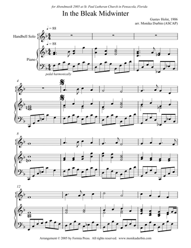 In the Bleak Midwinter for Handbell Solo or Ensemble (2 to 4 ringers) and Piano (arr. Monika Durbin)