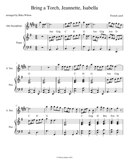 Bring a Torch, Jeannette, Isabella--alto sax solo (arr. Beka Wilson)