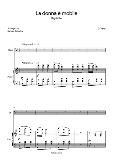 La donna è mobile - for Bass - in C (arr. Samuel Sequeira)