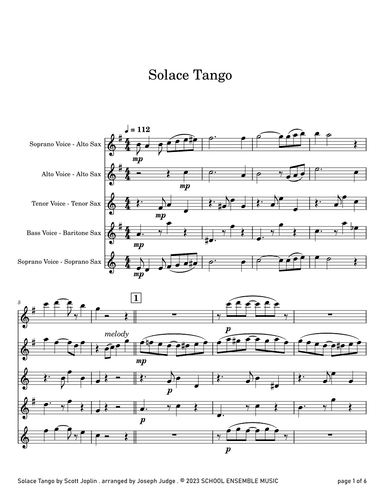 Solace Tango by Scott Joplin for Saxophone Quartet in Schools (arr. Joseph Judge)