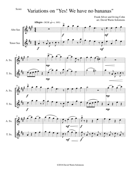 Variations on Yes We Have No Bananas for alto and tenor saxophones (arr. David Warin Solomons)