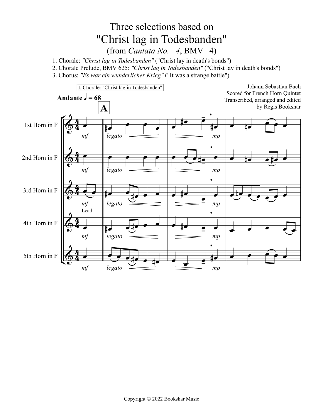 Three selections based on "Christ lag in Todesbanden" (French Horn Quintet) (arr. Regis Bookshar)