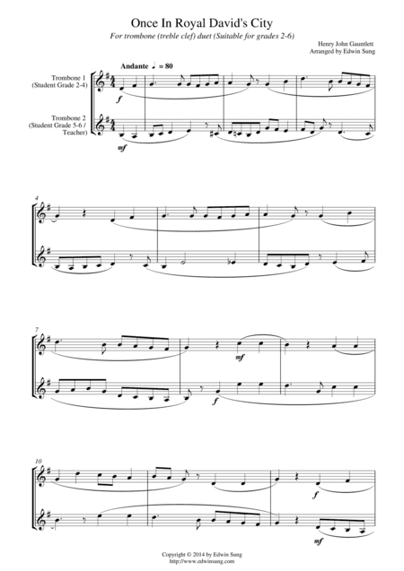 Once In Royal David’s City (for trombone duet (treble clef), suitable for grades 2-6) (arr. Edwin Sung)