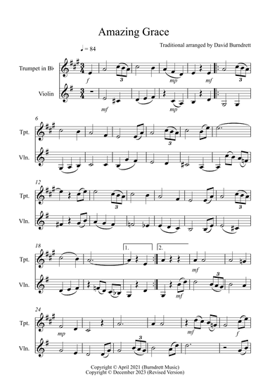 Amazing Grace for Trumpet and Violin Duet (arr. David Burndrett)