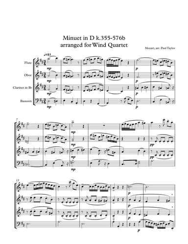 Minuet in D for Woodwind quartet (arr. Paul Taylor)