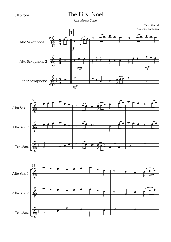 The First Noel (Christmas Song) for Saxophone Trio (arr. Fabio Britto)