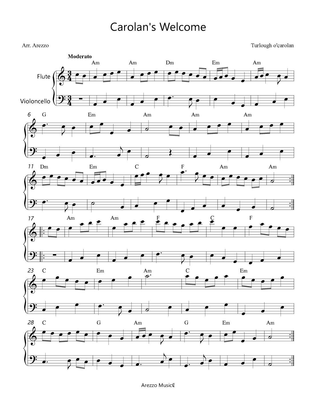 Carolan's Welcome - Flute and Cello arrangement - Chord Symbols (arr. Arezzo Music)