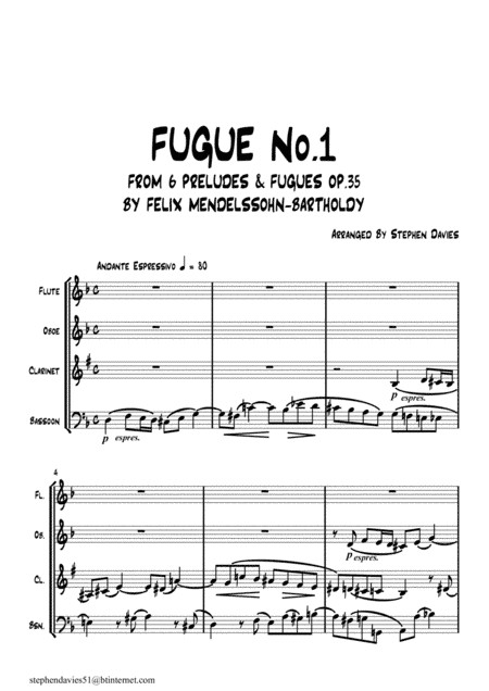 'Fugue No.1 From 6 Preludes & Fugues Op.35'  by Felix Mendelssohn-Bartholdy for Woodwind Quartet. (arr. Stephen Davies)