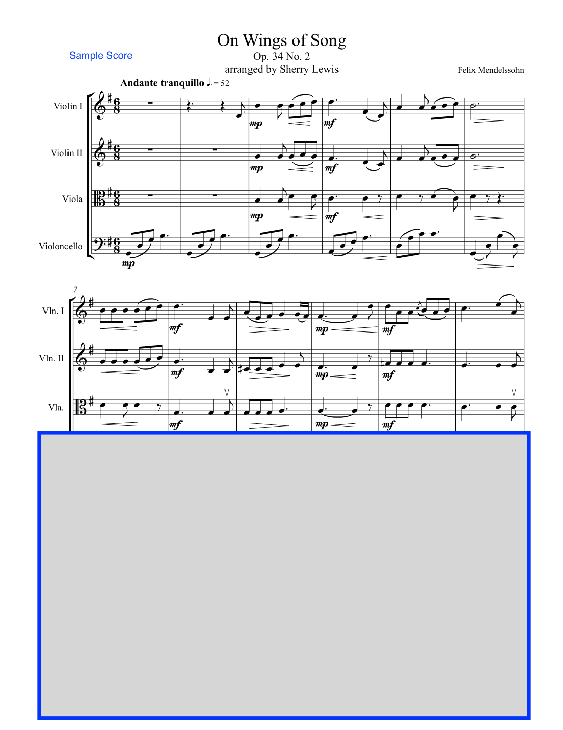 ON WINGS OF SONG, String Quartet, Intermediate Level for 2 violins, viola and cello (arr. Sherry Lewis)