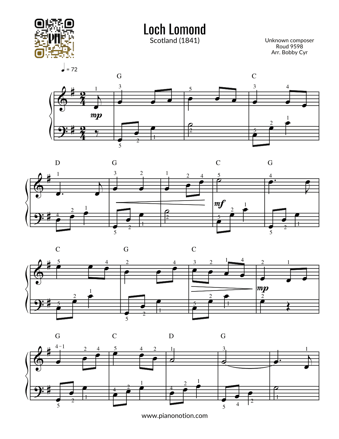 Loch Lomond (Easy Piano) (arr. Bobby Cyr - Piano Notion)