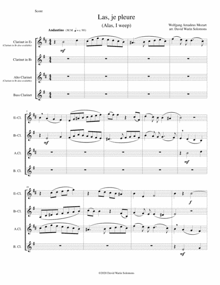 Las, je pleure (Alas, I weep) for clarinet quartet (arr. David Warin Solomons)