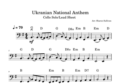 State Anthem of Ukraine/Ukrainian National Anthem Cello/bass clef leadsheet (arr. Sharon Sullivan)