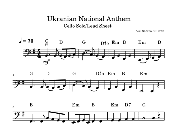 State Anthem of Ukraine/Ukrainian National Anthem Cello/bass clef leadsheet (arr. Sharon Sullivan)