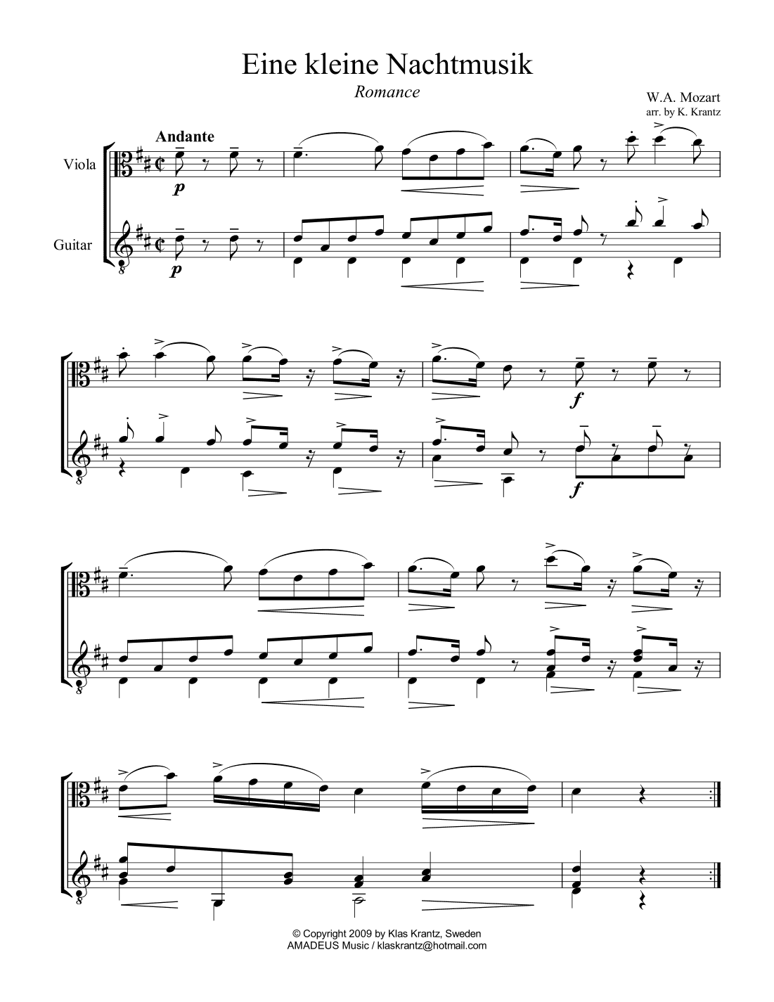 Romance from Eine kleine Nachtmusik for viola and guitar (arr. K. Krantz)
