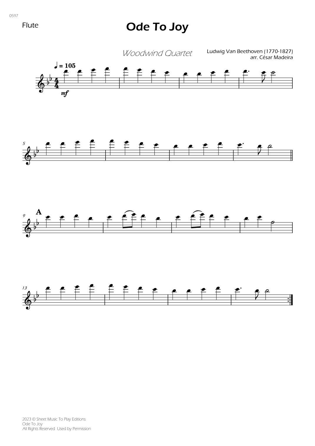 Ode To Joy - Easy Woodwind Quartet (Individual Parts) (arr. César Madeira)