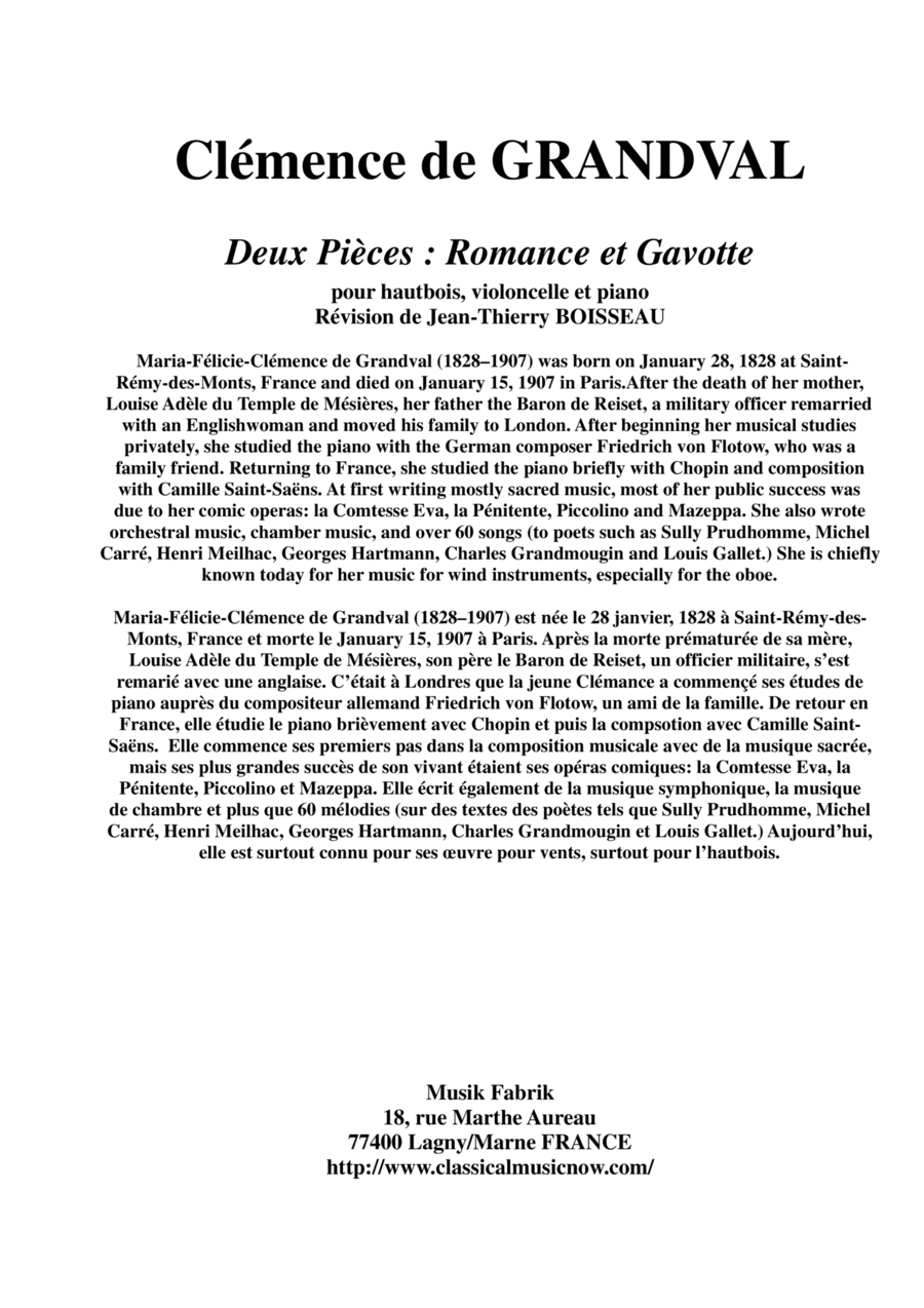 Clémence de Grandval: Deux Pièces: Romance et Gavotte for oboe, violoncello and piano (arr. Musik Fabrik Music Publishing)
