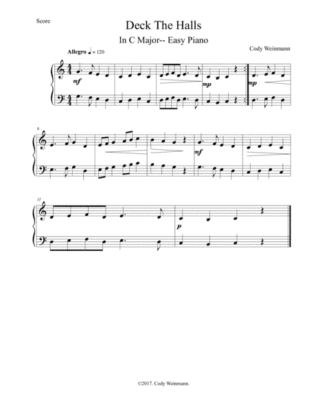 Deck The Halls (Easy Piano) (arr. Cody Weinmann)