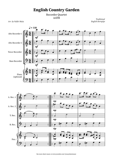 English Country Garden – Recorder Quartet (AATB + Optional Piano) (arr. Valdir Maia)