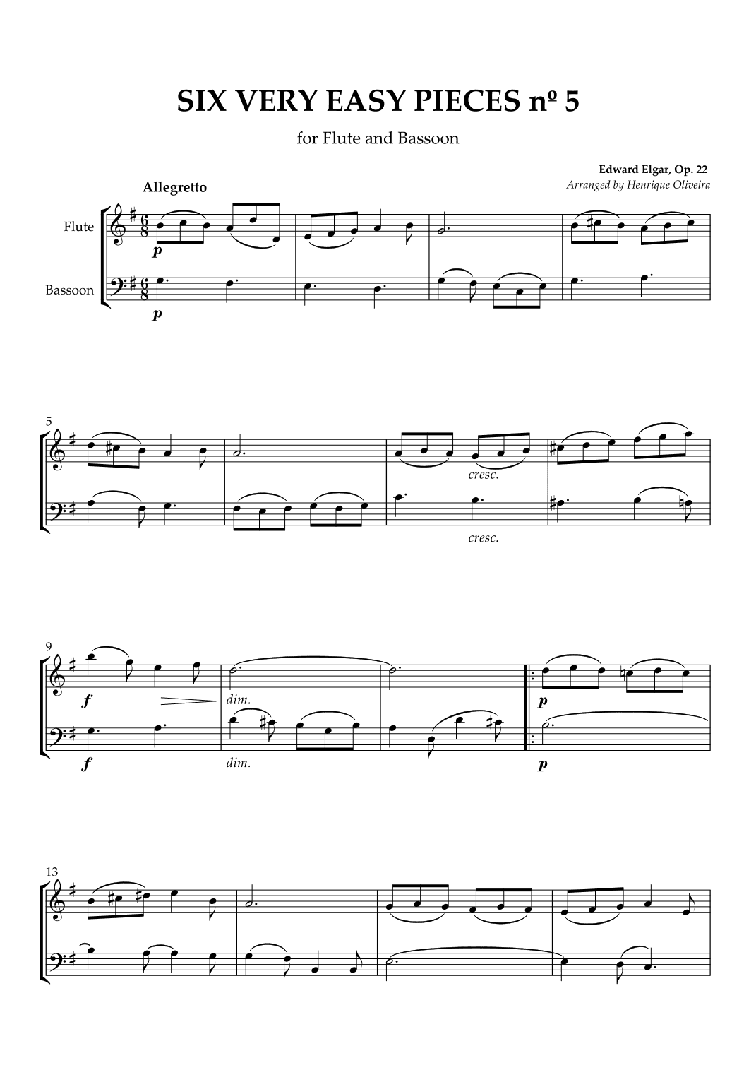 Six Very Easy Pieces nº 5 (Allegretto) - Flute and Bassoon (arr. Henrique Oliveira)