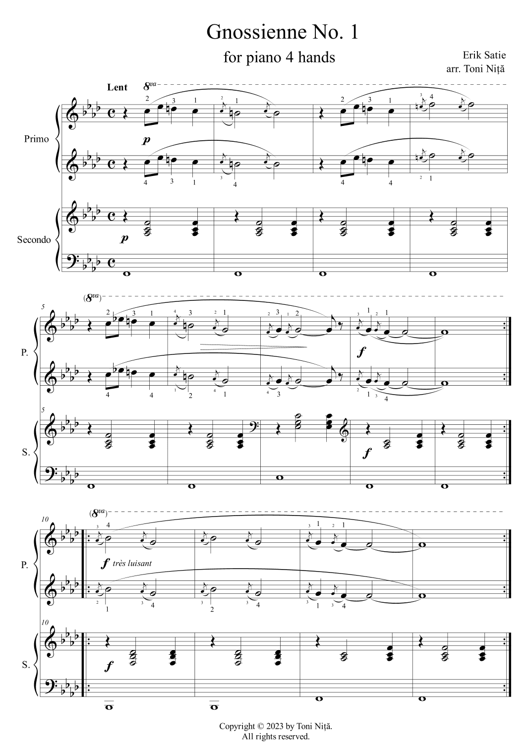 Erik Satie - Gnossienne No. 1 (for piano 4 hands) (arr. Toni Nita)