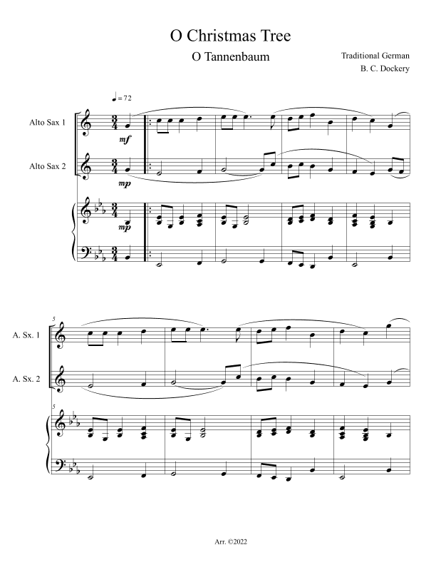 O Christmas Tree (O Tannenbaum) for Alto Sax Duet with Piano Accompaniment (arr. B. C. Dockery)