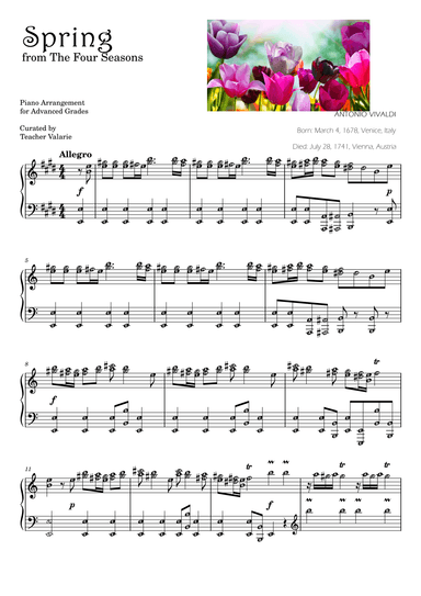 Spring, from The Four Seasons VIVALDI Piano Sheet Self Learning Series (arr. Teacher Valarie)