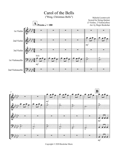 Carol of the Bells (F min) (String Quintet - 3 Violin, 2 Cello) (arr. Regis Bookshar)