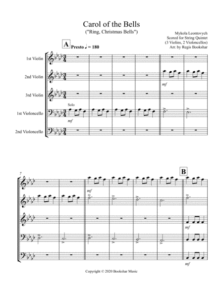 Carol of the Bells (F min) (String Quintet - 3 Violin, 2 Cello) (arr. Regis Bookshar)